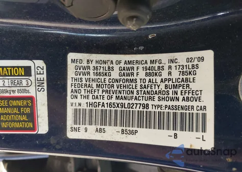 2009 Honda Civic Lx from USA, damaged, VIN 1HGFA165X9L027798